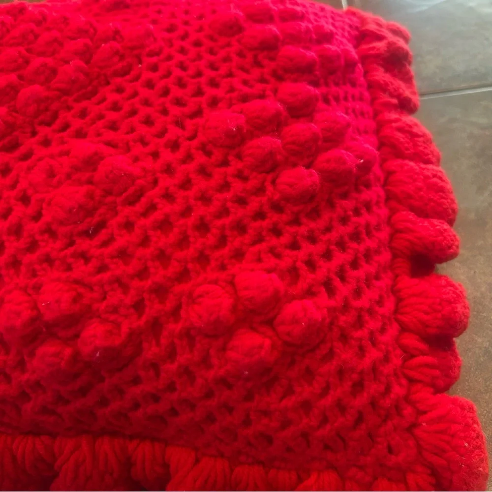 Vintage Hand Crocheted Ruffles and Bobbles Red Textured Throw Pillow
